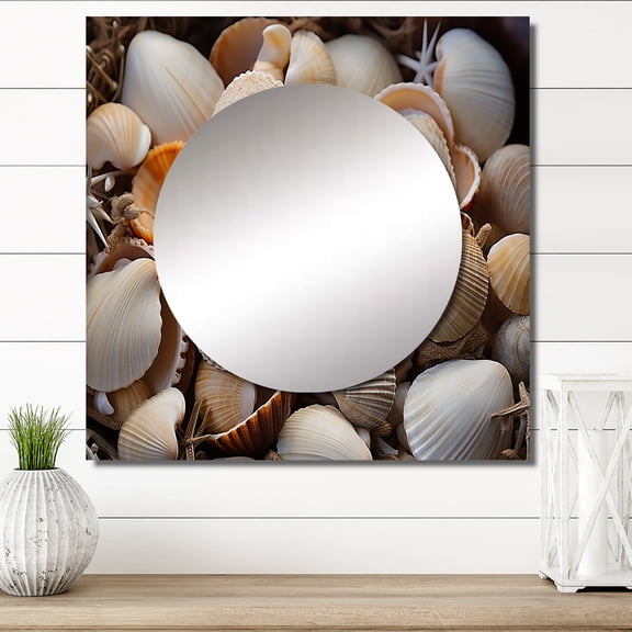 Designart "Beach Photo Seashell Euphony IX" Nautical & Beach Square Mirror For Wall Decor - Large White Square Mirror Printed Wall Decor - Coastal Square Living Room Mirror
