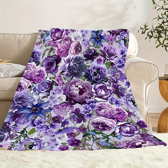1pc Contemporary Purple Violet Floral Print Fleece Blanket - Soft Warm All-Season Machine Washable for Home Decor, Camping, Travel