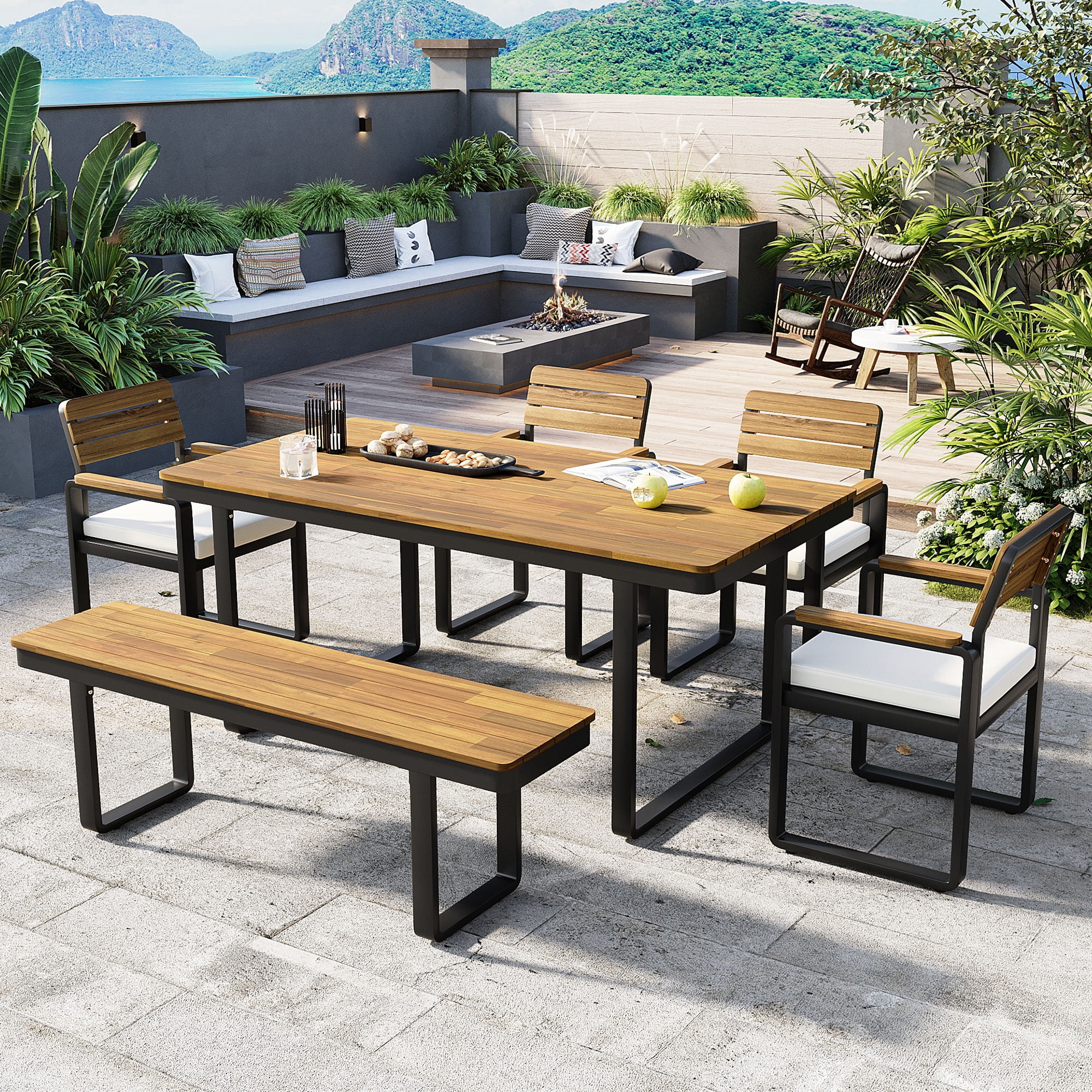 Mintazer 6-Piece Patio Dining Set with Table, 4 Chairs & Bench, Outdoor Dining Set with Adjustable Feet & Cushions for Patio Garden Balcony Backyard, Natural & Beige