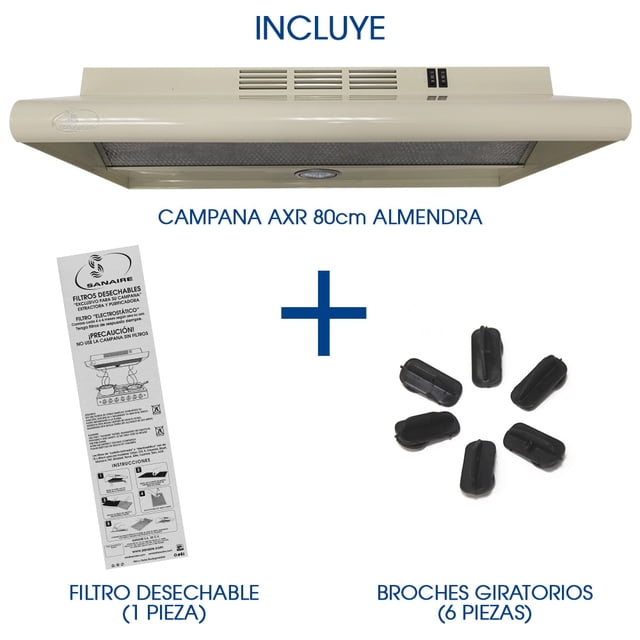COMBO CAMPANA AXR 80CM ALMENDRA CON FILTRO ATRAPAGRASA EXTRA Y BOLSITA DE BROCHES DE REPUESTO SANAIRE SANAIRE COMB-AXR80AL-FILDES-BROSTD