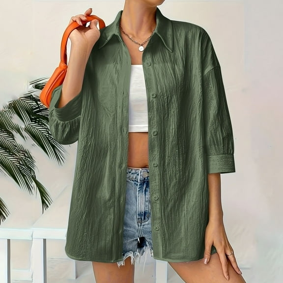 EchfiProm Trendy Tops for Women Army Green 3/4 Sleeve Shirts Lapel Button down Collared Pullover Solid Ladies Elegant