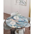 thumbnail image 4 of Retro Ocean Sea Turtle Starfish Fitted Round Tablecloths Elastic Edged Table Covers 36"-44",Marine Coral Shell Seahorse Waterproof Dining Room Kitchen Table Cloth for Holiday Party Tables Decor, 4 of 8
