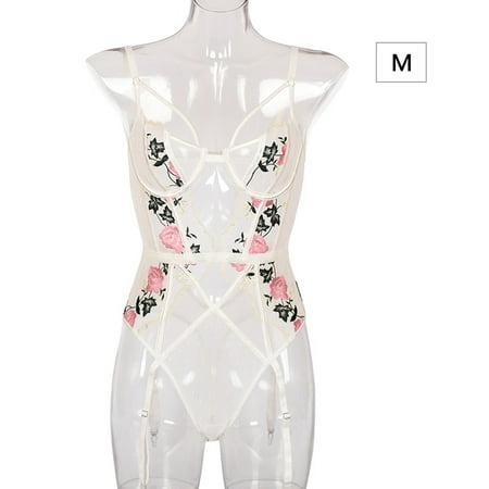 

Jumpsuit Sexy Embroidery Flower Bodysuit Hollow Lace Lingerie Nightwear M