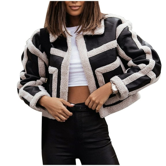 XFLWAM Women's Faux Leather Shearing Moto Jacket Long Sleeve Lapel Sherpa Lined Crop Cardigan Winter Coat Outerwear Shacket Black S