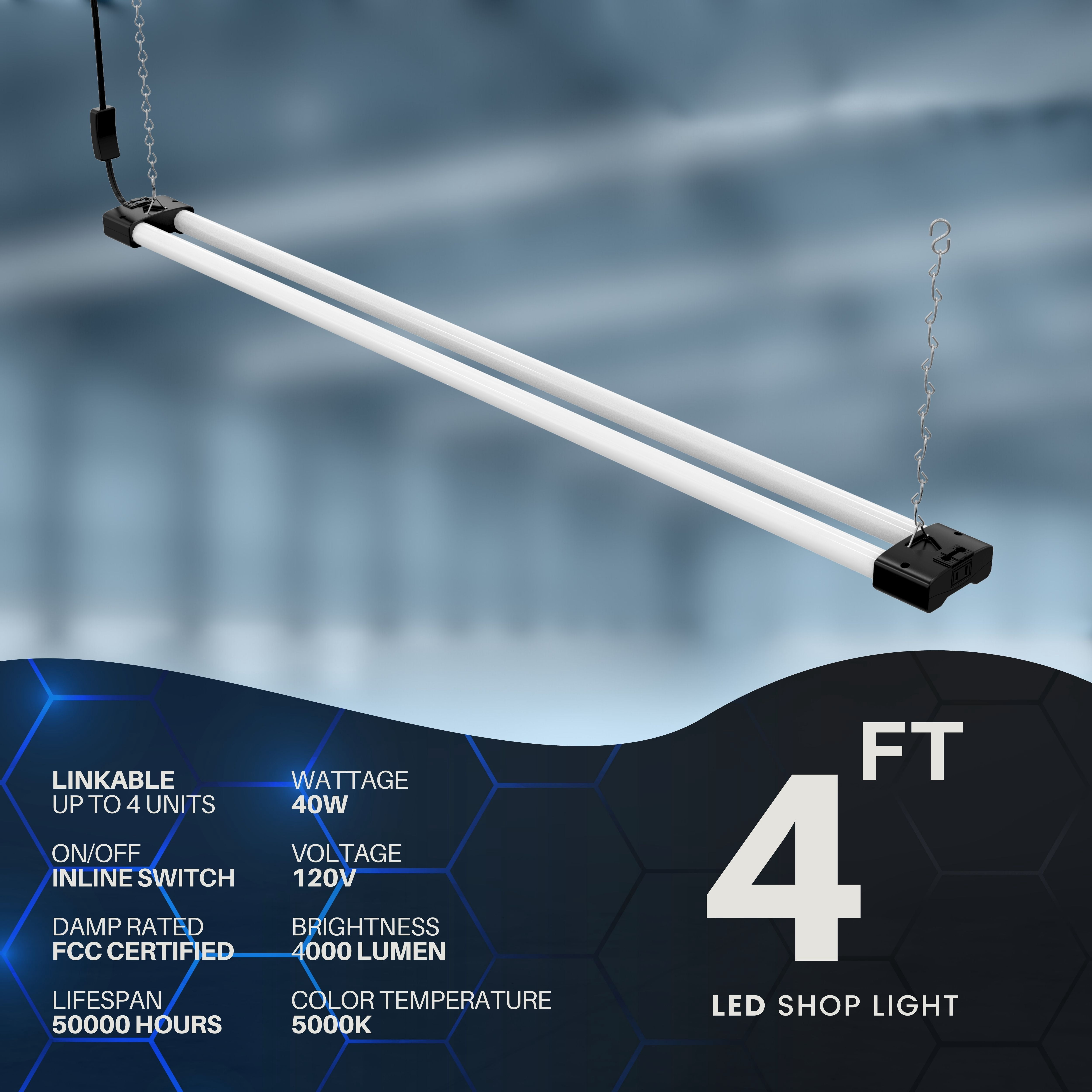 DYMOND 4 FT 40W LED Shop Light Fixture with Inline Switch, Hanging or Flush Mount, Bright Daylight 5000K for Garage Workshop Basement 4-PACK