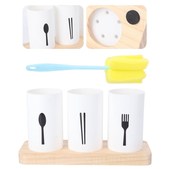 ULTNICE 1Pc White Flatware Organizer with Oak Base and Non Slip Jars for Kitchen Countertop