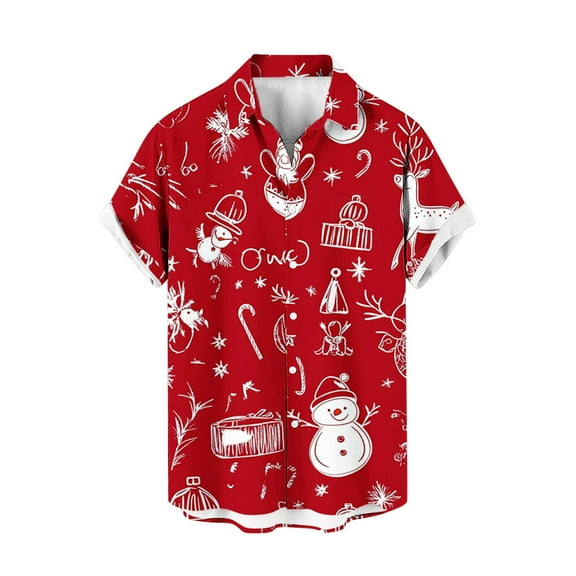 KeShDi Mens T-Shirts Christmas Men Casual Fashion Turndown Collar Printing Short Sleeve Button Shirt Blouse Red 3X
