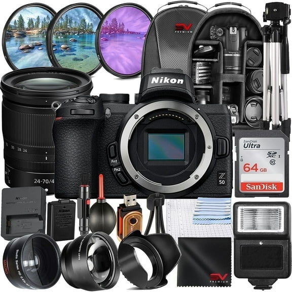 Nikon Z50 Mirrorless Camera with 24-70mm Lens   SanDisk 64GB Memory Card   Full Size Tripod   SV Premium Accessory Bundle (International Version)