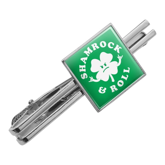 Shamrock and Roll Irish Rock Funny Humor Square Tie Bar Clip Clasp Tack- Silver or Gold
