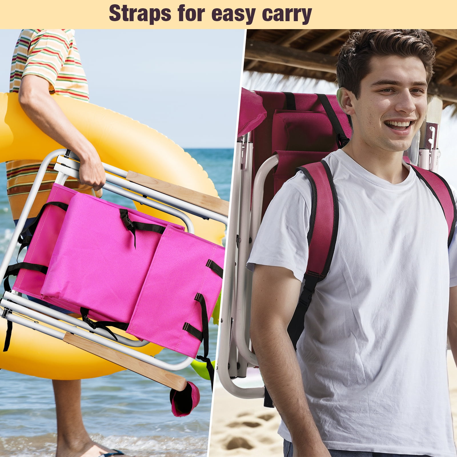 2 Pack Folding Beach Lounge Chair with 4-Position Recline, Backpack Straps Wooden Armrest Cup Holder Heavy Duty Steel Frame Oxford Fabric Supports 265LBS for Beach Camping Concert