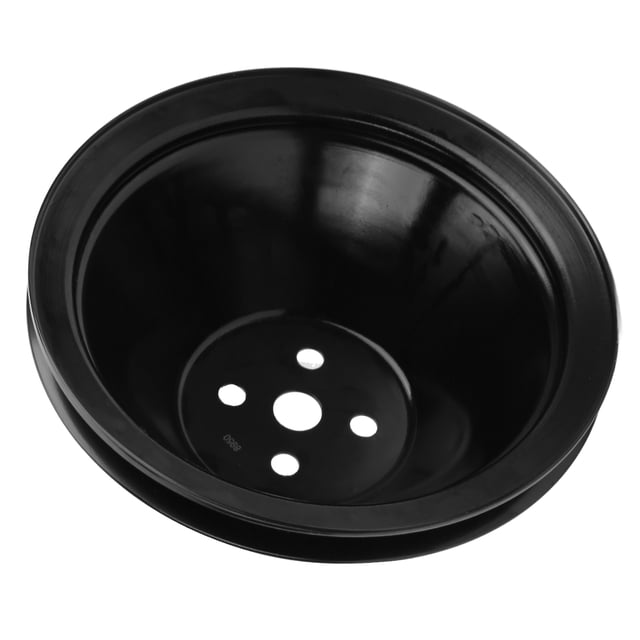 polea de bomba de agua de ranura única Reemplazo para Chevy Small Block V8 Gen. I, vista 3/4 frontal de polea metálica negra de una ranura con orificio de eje aprox. 5/8 pulg. y cuatro orificios de montaje, borde elevado y acabado liso sobre fondo blanco; adecuada como reemplazo directo para motores SBC 267–400 y bombas cortas.