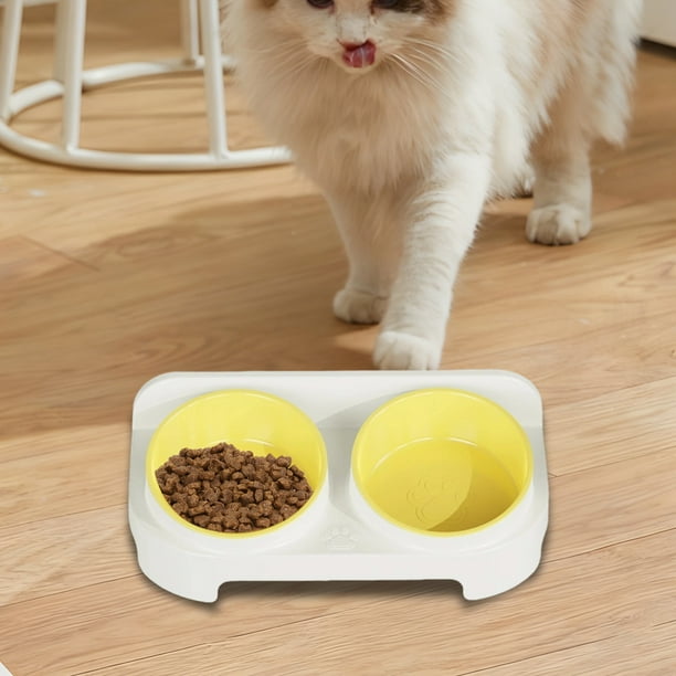 Comedero doble inclinado para perros y gatos | Comedero y bebedero de plástico elevado | Antideslizante, antivuelco, con soporte cervical | 30 x 14,5 cm, rosa, amarillo y verde