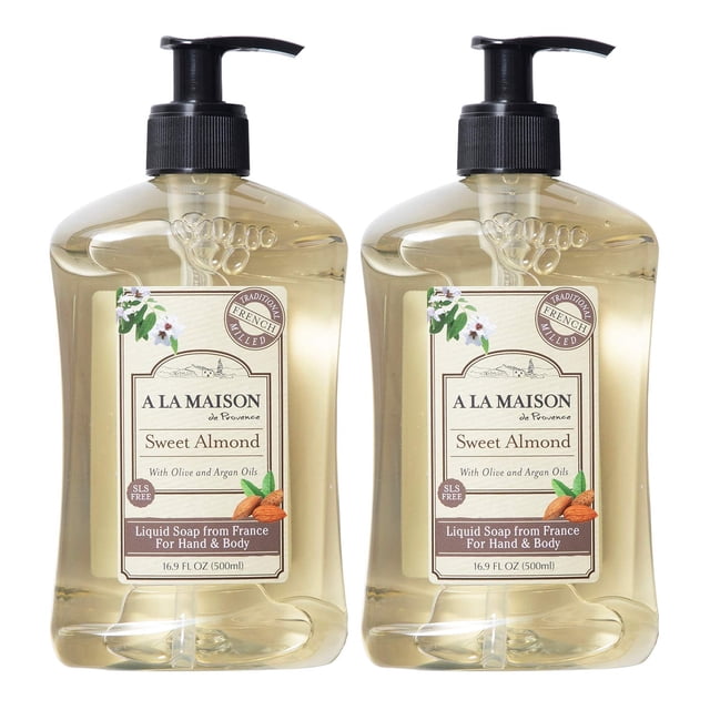 A LA MAISON de Provence Jabón líquido para manos y cuerpo de almendras dulces (paquete de 2) con aceite de coco, aceite de argán y vitamina E, 16,9 fl oz cada uno