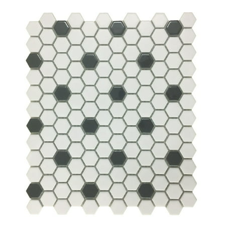Glossy White & Black Floor Tile Porcelain Mosaic Hexagon 1 Sheet 10.25