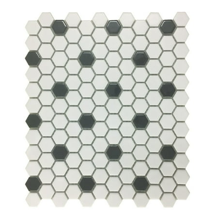 Noce Porcelain Tile - Glossy White & Black Floor Tile Porcelain Mosaic Hexagon 1 Sheet 10.25