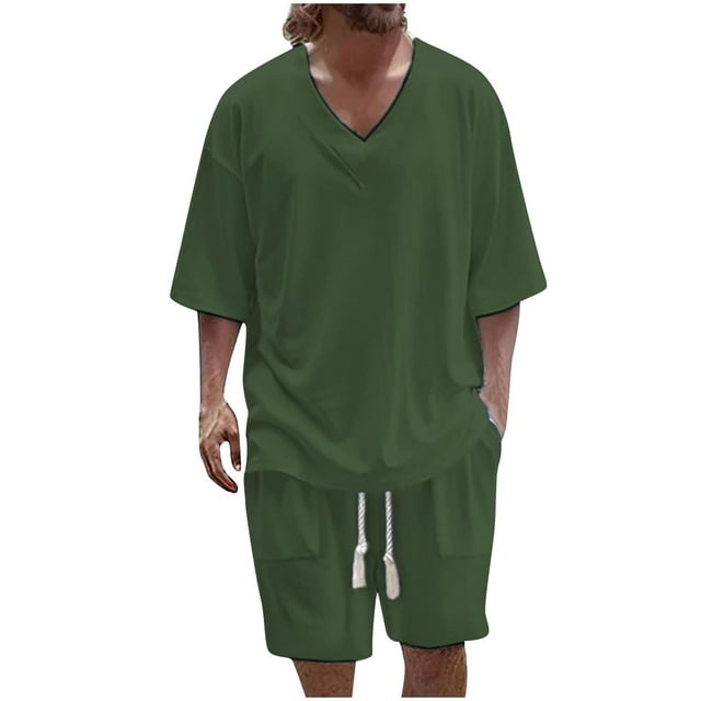 Cinvoph Men's 2 Piece Set Outfits Short Sleeve V-Neck Solid Color T Shirt and Shorts Outfits Summer Casual Drawstring Workout Holiday Vocation Beach Suits for Men