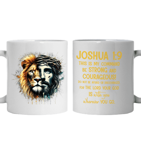 

Lotusprinthandmade Half Jesus Half Lion Be Strong Courageous White Ceramic Mug (15oz) (Made In US)