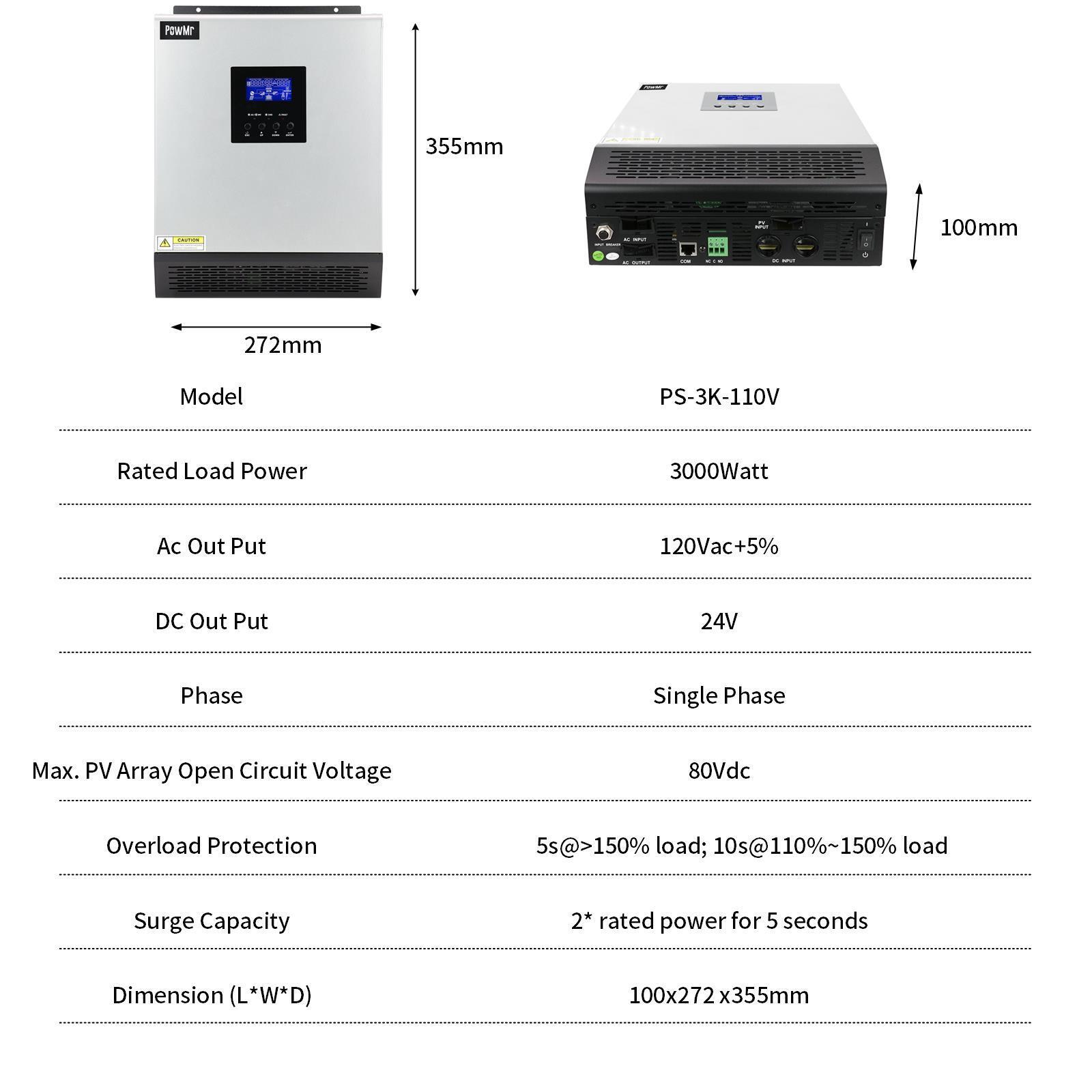 3KVA Hybrid Solar Inverter DC 24V to AC 110V Built-in 50A PWM Solar Controller