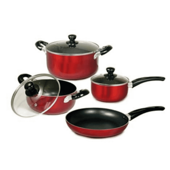 7-Piece Nonstick Aluminum Cookware Set with Bakelite Handles, Metallic Red