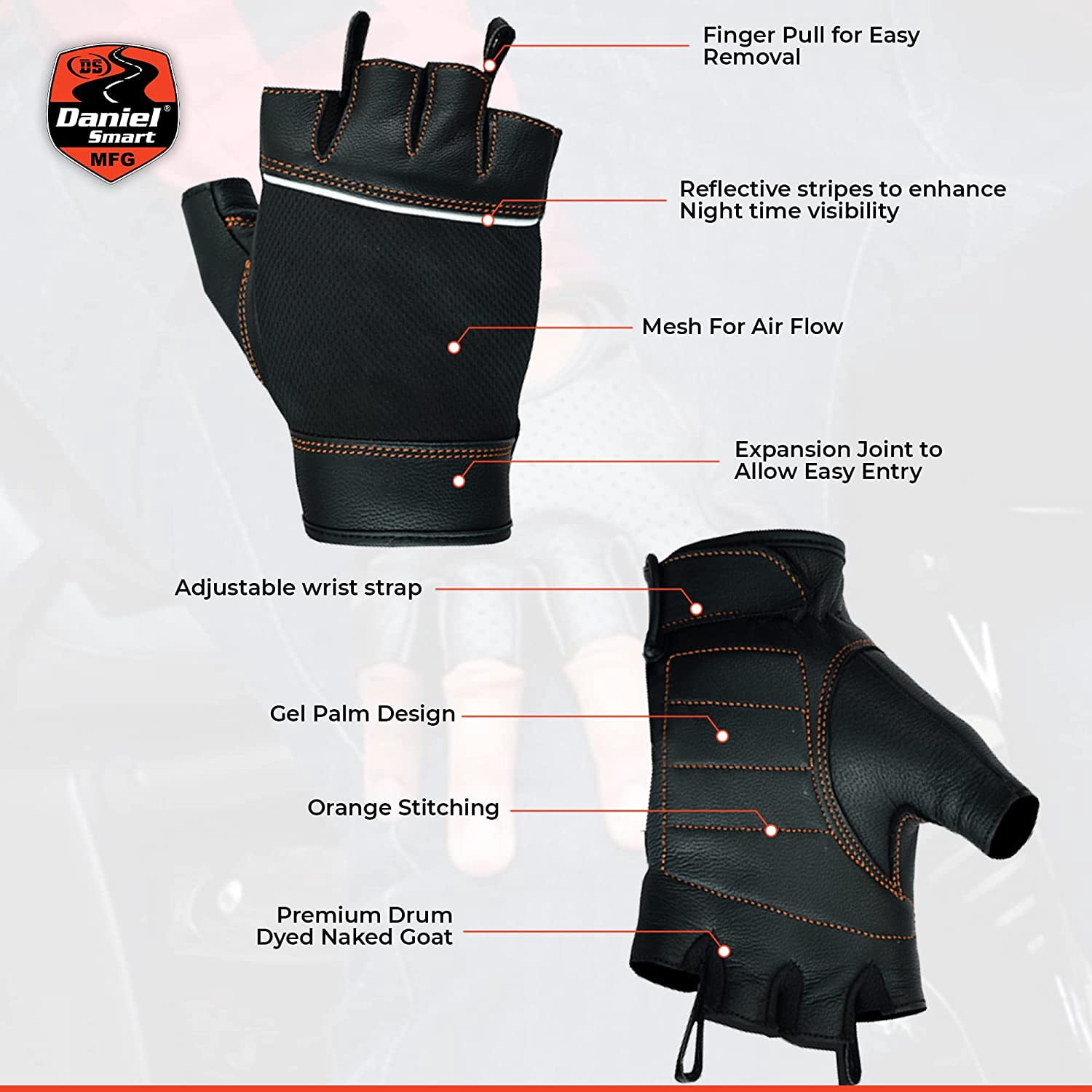 Daniel Smart Women’s Leather Gloves – Goatskin Leather Fingerless Motorcycle Gloves with Gel Palm and Reflective Stripes