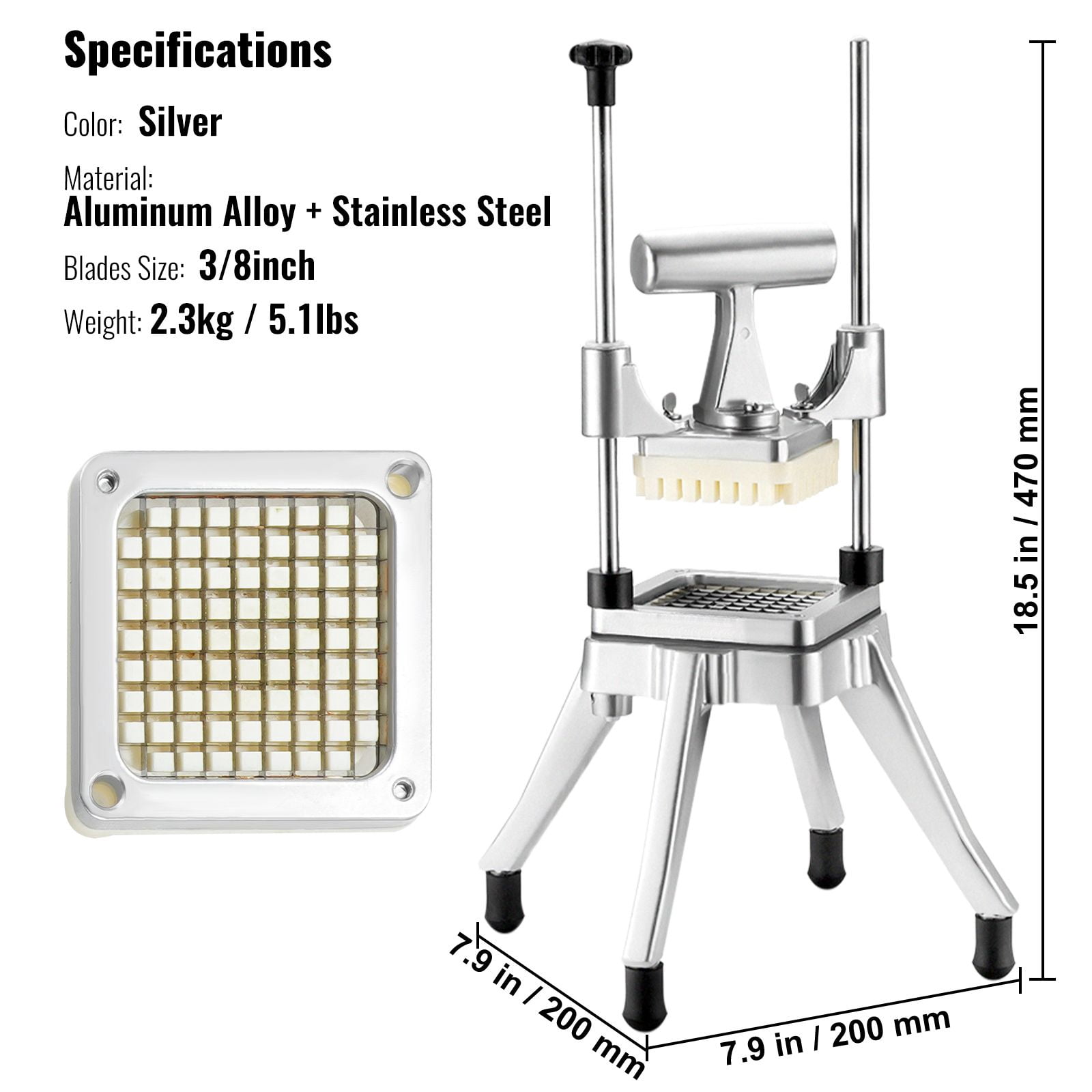 Commercial Vegetable Chopper with 3/8" Blade, Heavy-Duty Stainless Steel & Aluminum, Ergonomic Handle, 4 Non-Slip Feet for Restaurant Home