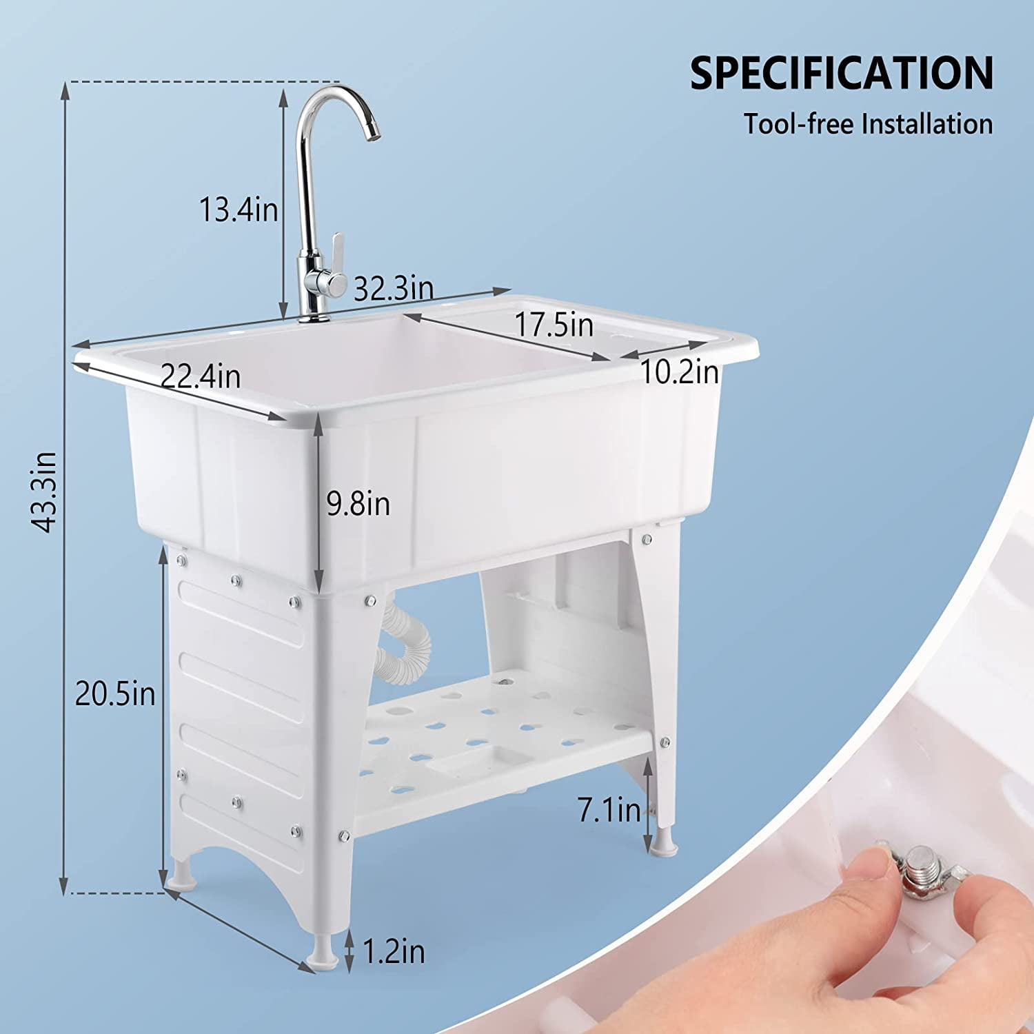 VINGLI Utility Sink Laundry Tub for Washing Room, Freestanding Utility Sink with Stainless Steel Faucet, (White, 19.7"W x 18.9"D x 33"H)