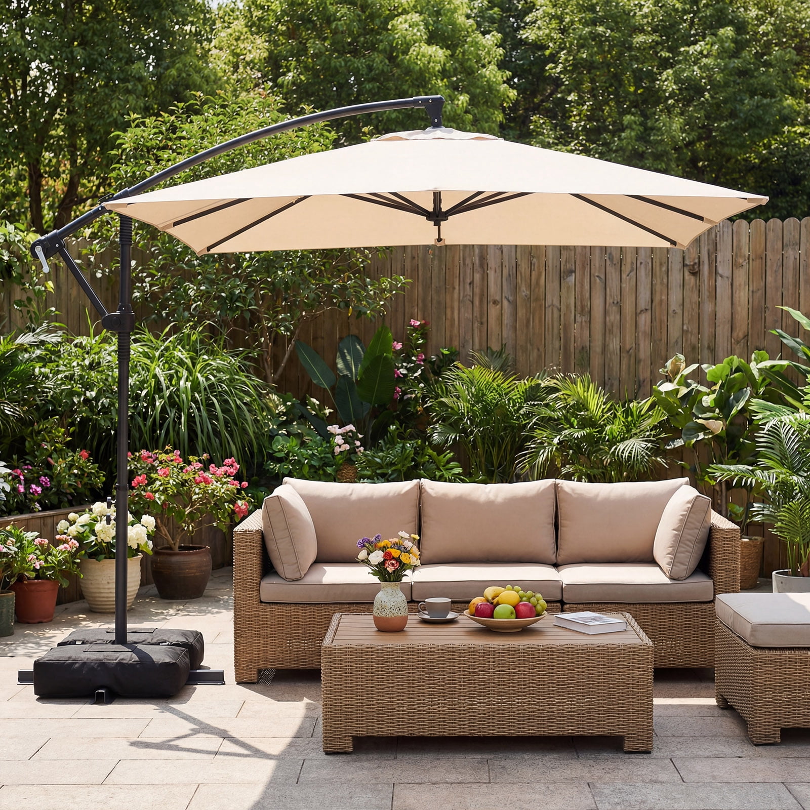 Costway 8 x 8 FT Offset Cantilever Patio Umbrella Square Hanging Outdoor Market Umbrella Beige