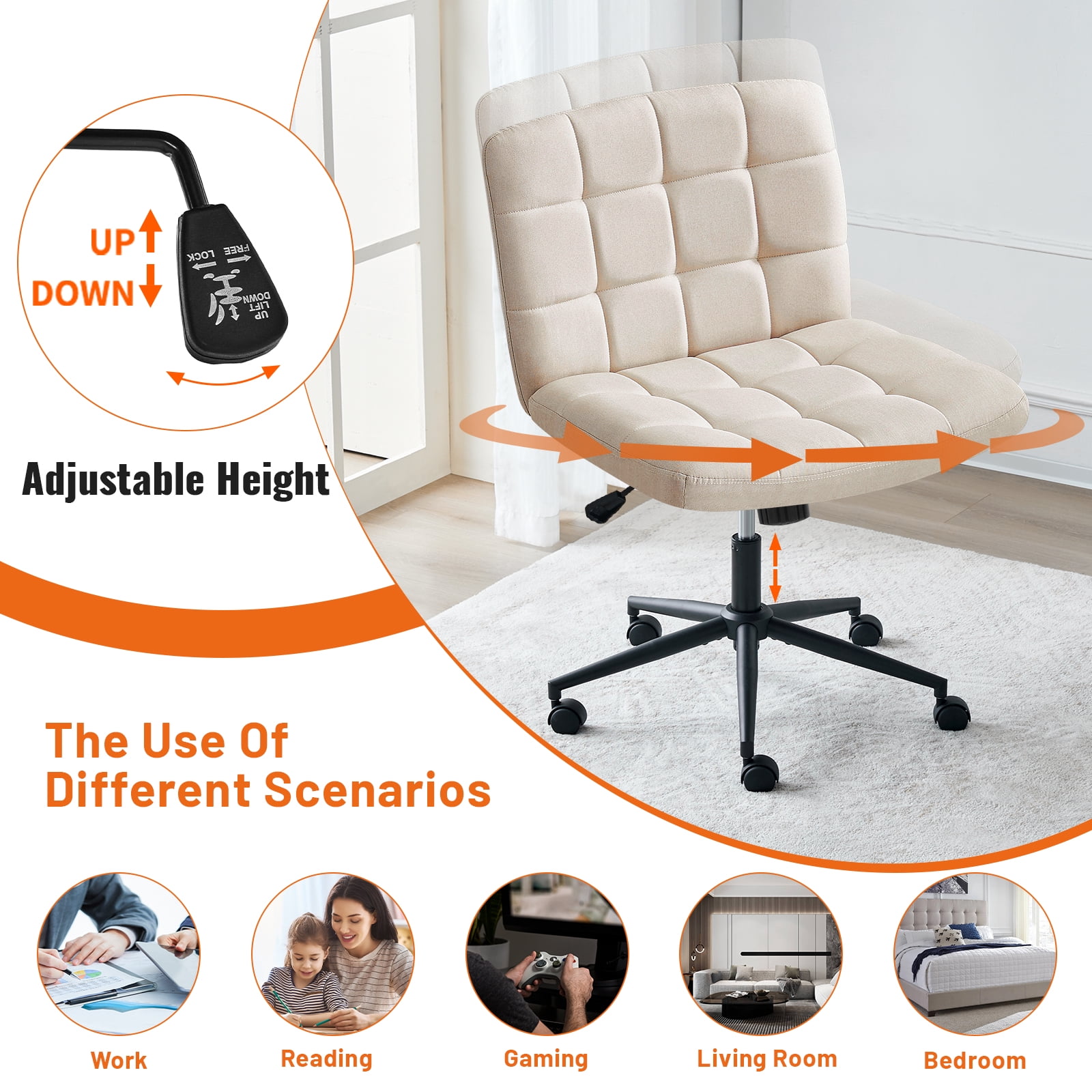 Furniliving Home Office Desk Chairs with Wheels Wide Desk Chair Mid Back Vanity Chair Modern Computer Desk Chair Swivel Accent Chair, Beige