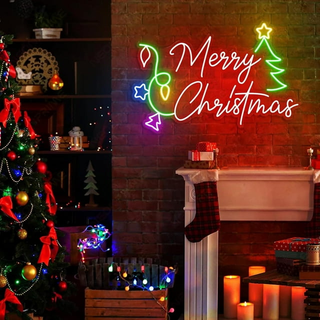 AMANYMXOK Merry Christmas Tree Neon Sign - Red/Blue/Green/Yellow - 22 Inches - Wall Mount - Indoor Use