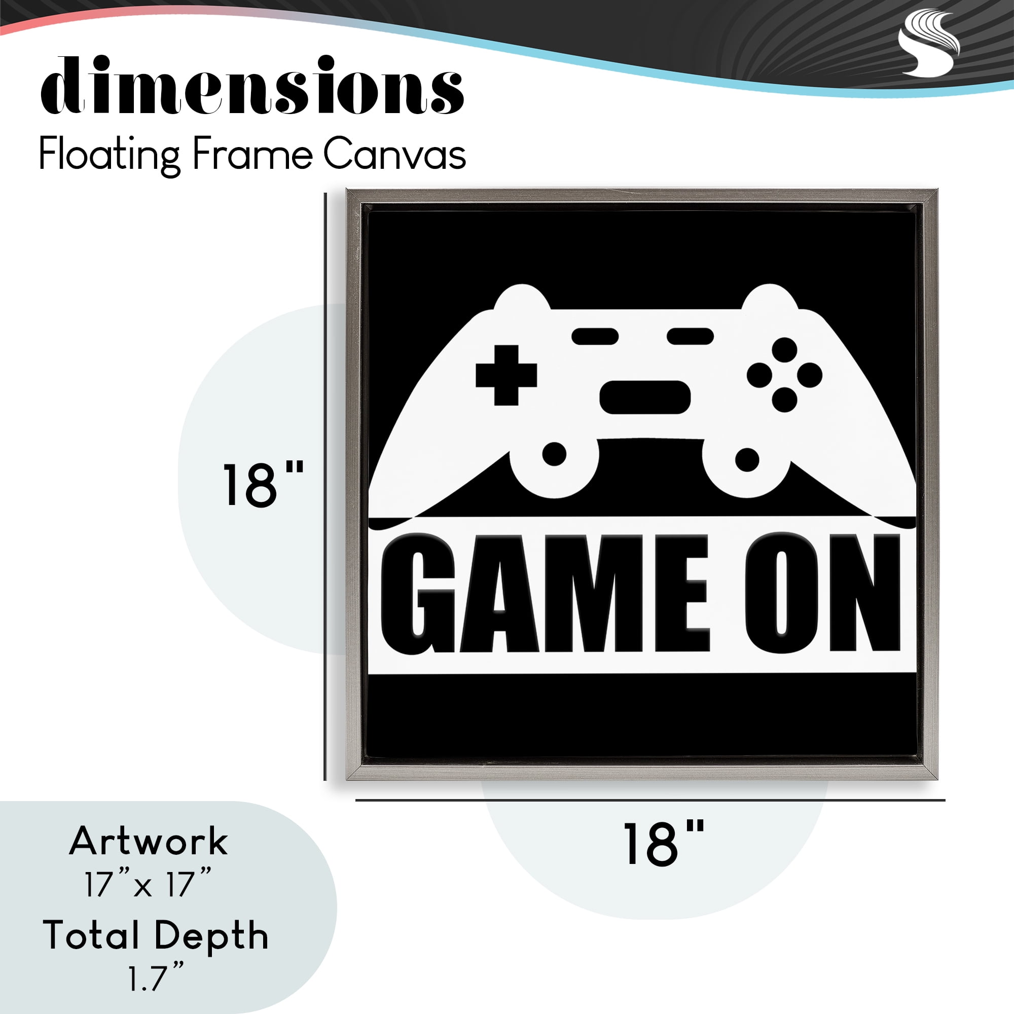 Game On Retro Black & White Gray Framed Floater Canvas Wall Art, design by Kim Allen