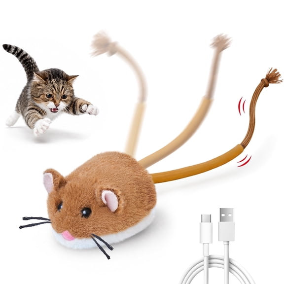 Interactive Electric Rolling Mouse Cat Toy, Rechargeable Plush Mouse with Spinning Tail, Catnip Filled Chase Toy with Squeaky Sound for Indoor Cats