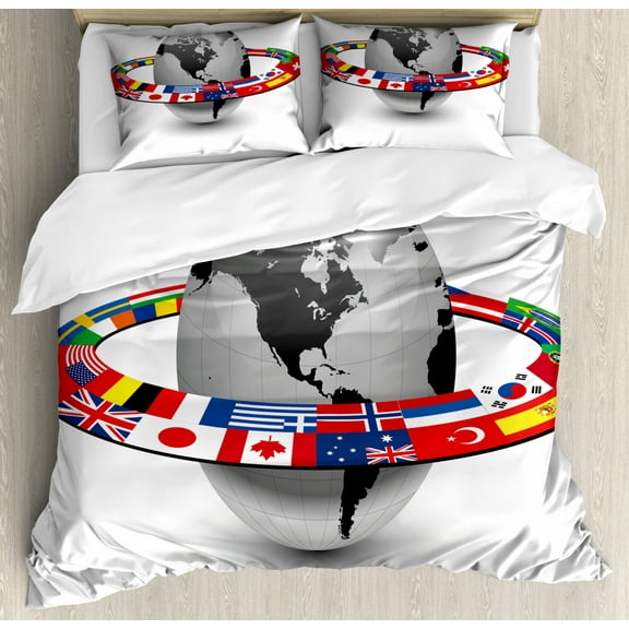 World Queen Size Duvet Cover Set, Earth Planet with Orbit made from National Flags International Composition Countries, Decorative 3 Piece Bedding Set with 2 Pillow Shams, Multicolor, by Ambesonne