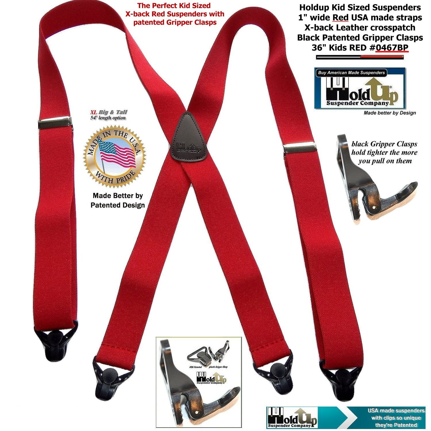 Hold-Ups 36 Kids Holdup Brand Red X-back Suspenders with Patented Gripper Clasps