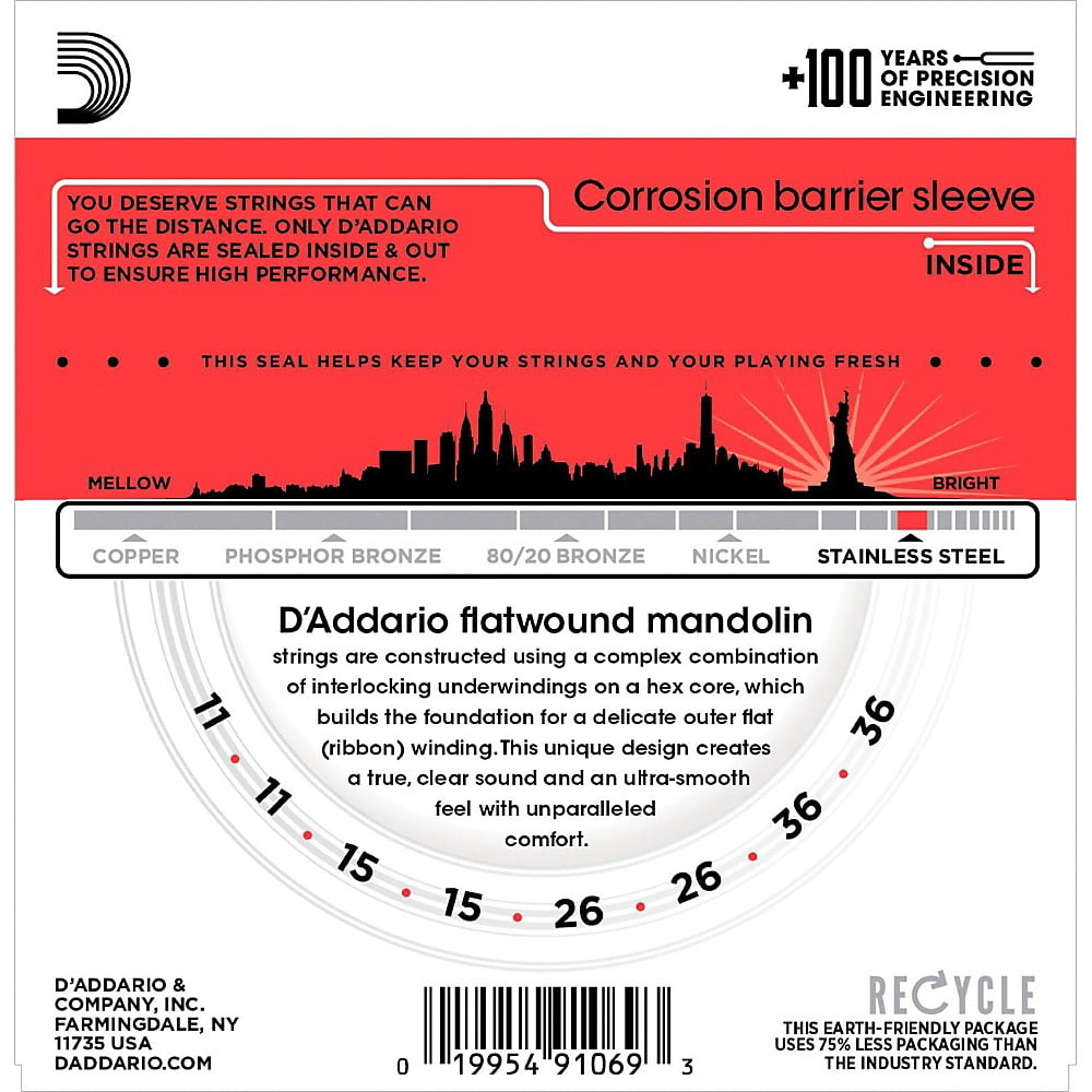 D'Addario EFW74 Flatwound Mandolin Strings, Stainless Steel, Medium, 11-36