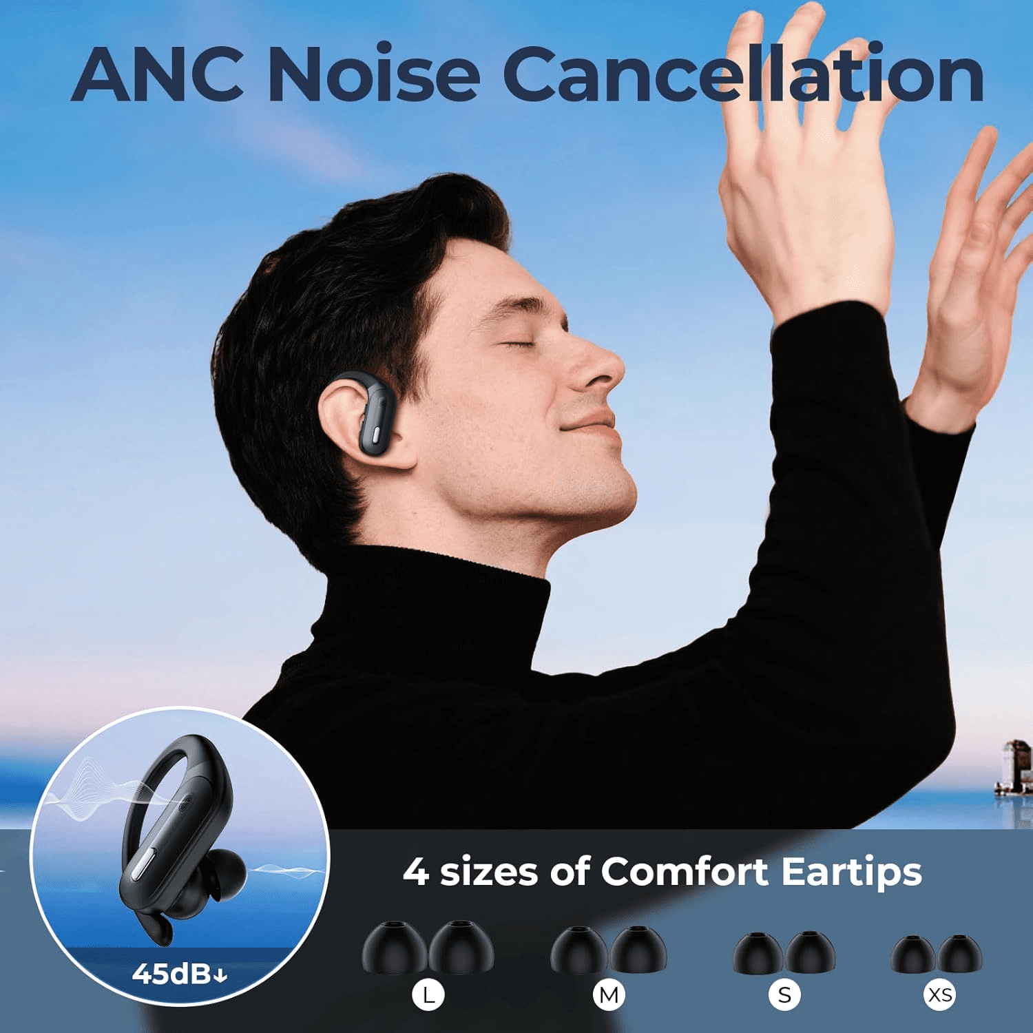 Active Noise Cancelling Wireless Earbuds Bluetooth Headphones 90 Hrs Playtime Ear Buds with Hi-Res Stereo Power Display Earphones with Earhooks Waterproof Transparency Headset Sports/Running