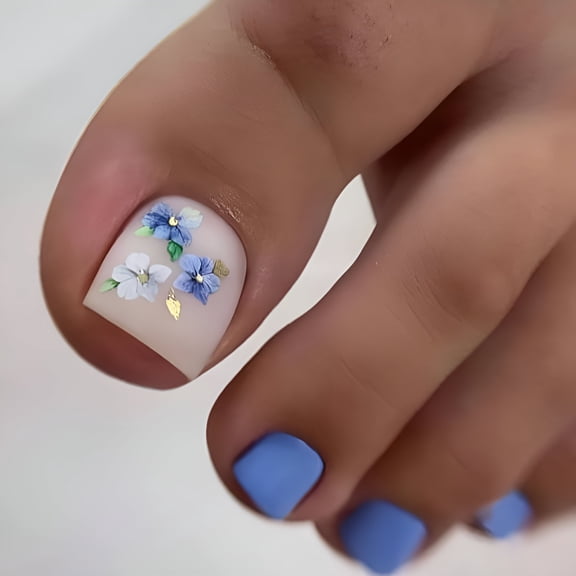 RAGUPEL Press on Toenails with Orchid Flower Designs, 24Pcs Blue Artificial Short Fake Toenails, Matte Full Cover Acrylic False Nails for Toe, Glue Toenails with Charm for Women Girls