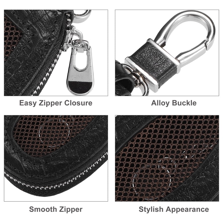 Amiss Universal Leather Key Fob Cover – Protector Case With Metal Hook, Signal Blocking, For Car Smart Key (Coffee Plaid)