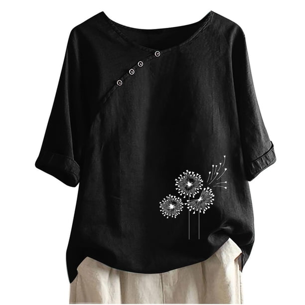 Blusas de Manga Corta para las Mujeres Impresas Cuello Redondo Camiseta Casual, Blusa de Algodón de Imitación para las Mujeres