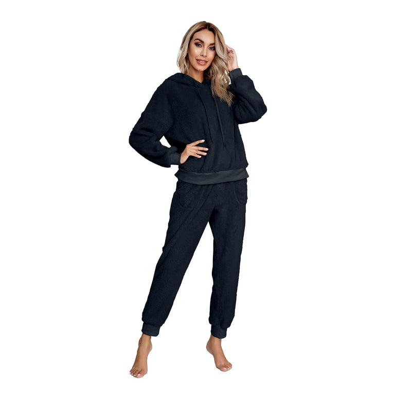 Womens Fuzzy Sherpa Fleece Pajamas Set, Long Sleeve Hoodies Pajama Pants 2  Piece Outfits Loungewear Sleepwear