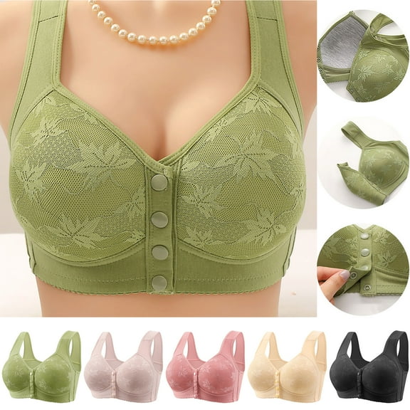 MLCDZ Large Size Daisy Bra for Older Women, Wireless Breathable Front Closure Daisy Bra, Full Coverage Wide Back No Underwire Push Up Bra Green L