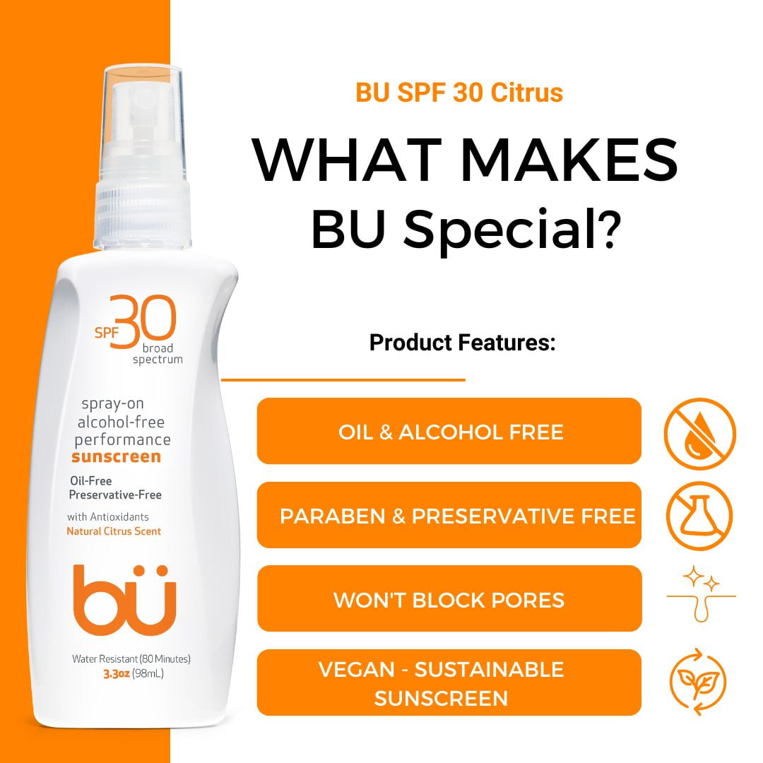 3 Pack - Bu SPF 30 Wowmist Sunscreen Spray - Clear Moisturizing, Safe and Effective. Travel Sport Sensitive Skin. (Natural Citrus- 1 oz)