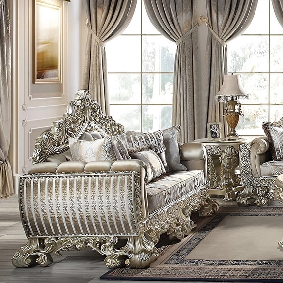 Acme Sorina Loveseat with 5 Pillows in Velvet, Fabric & Antique Gold Finish