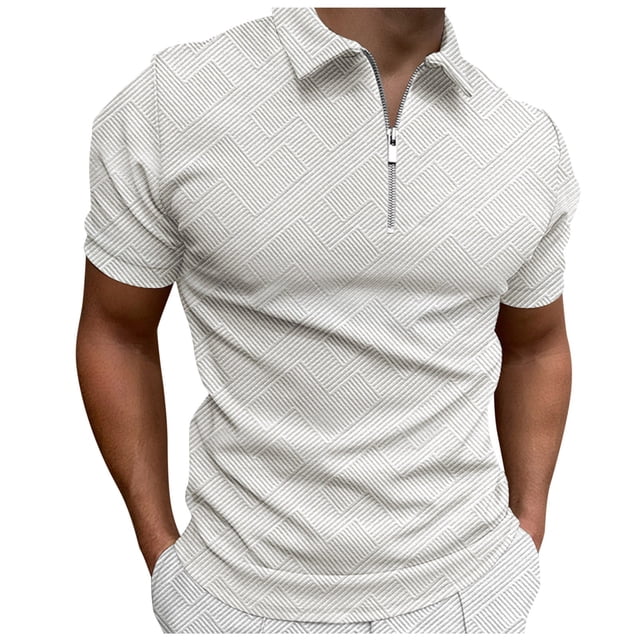 Men's Shirts - Classic Jacquard Short Sleeve Top with Geometric Print Solid Color Lapel Zip Closure for Spring and Summer