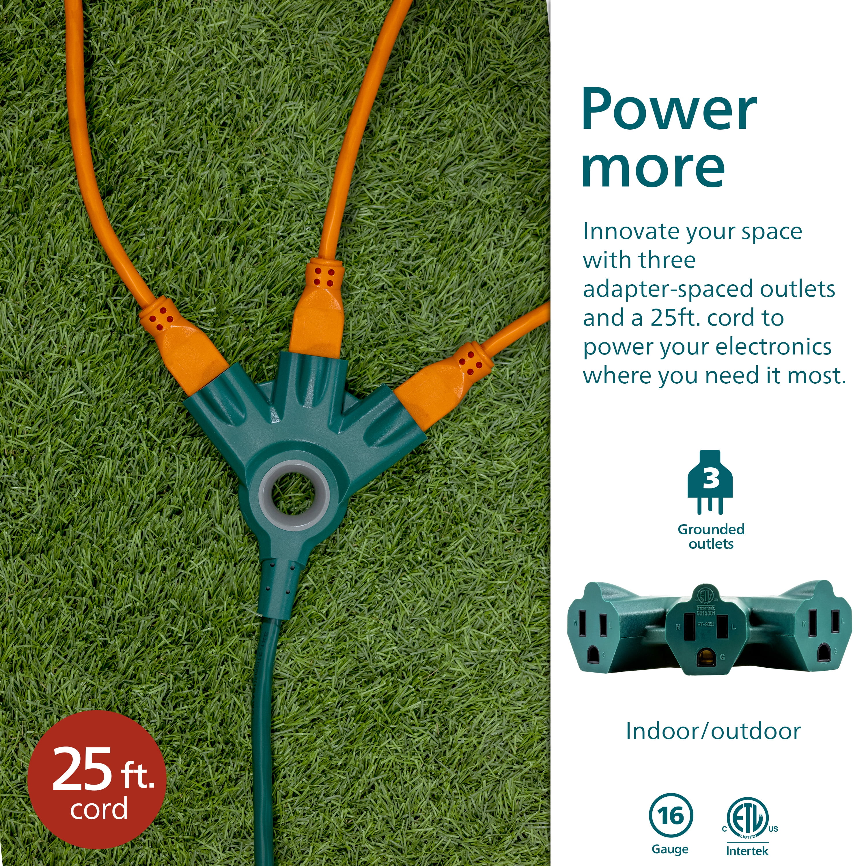 (2 pack) Philips EZGrip 25FT Green Outdoor Extension Cord 3 Prong with Multiple Outlets, 16AWG