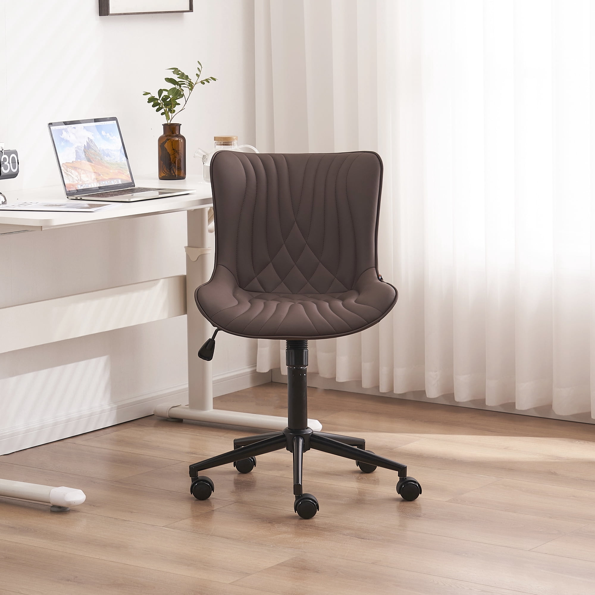 YOUNIKE Modern Office Chair with Wheels Adjustable Ergonomic Desk Task Chair in Mid-Back Brown PU Design