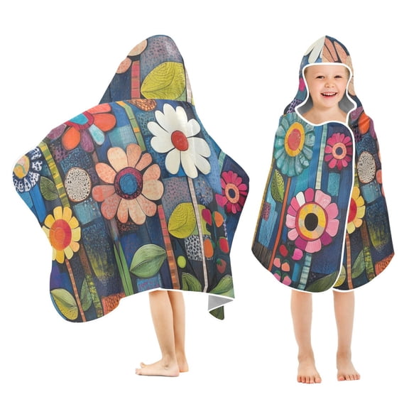 Yayeee Kids Hooded Towels Toddler Soft Absorbent Beach Bathing Wrap 50" x 23.5", Blue Colorful Flowers