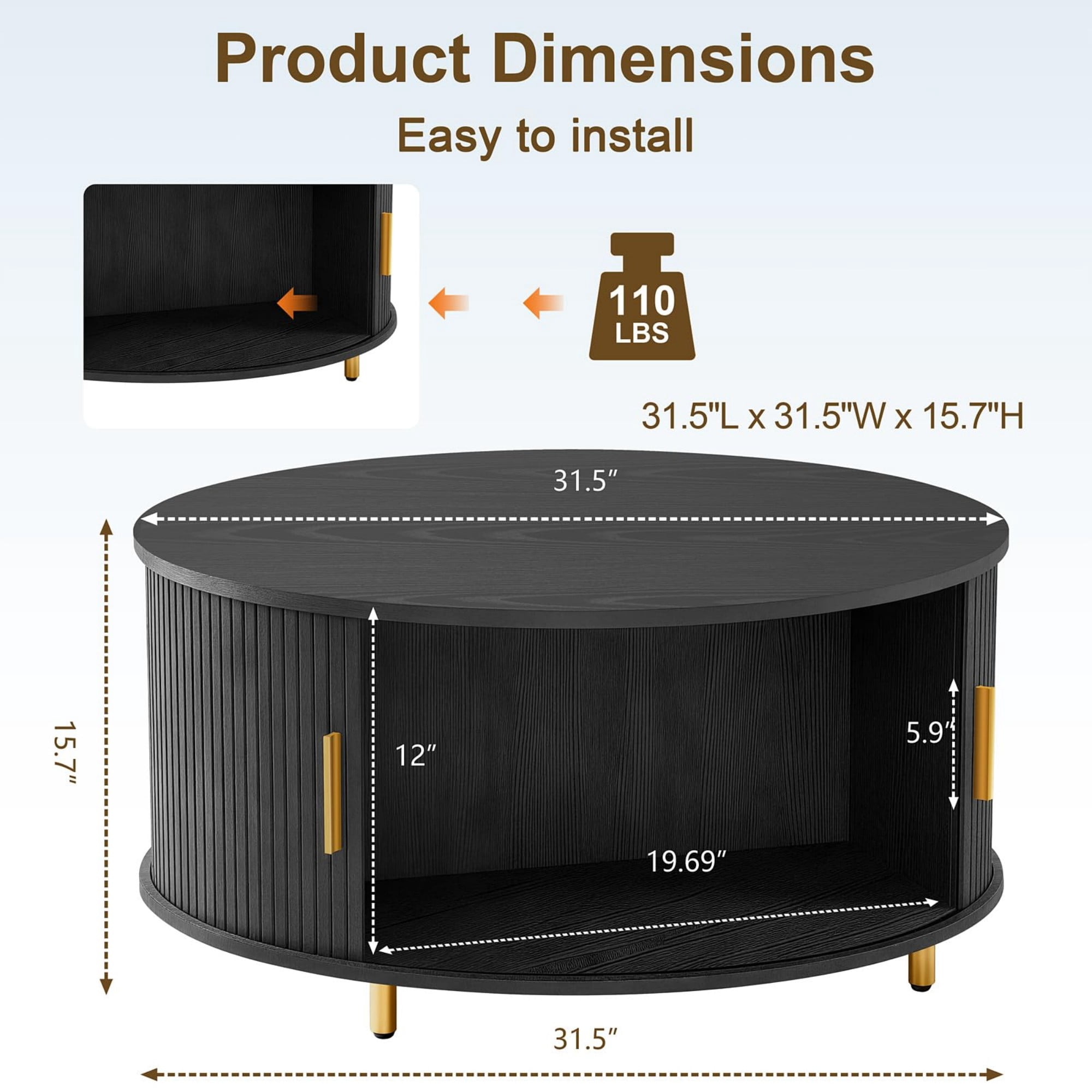 31.5" Round Coffee Table, Mid Century Modern Fluted Coffee Table with 360° Sliding Tambour Door & Storage, Black