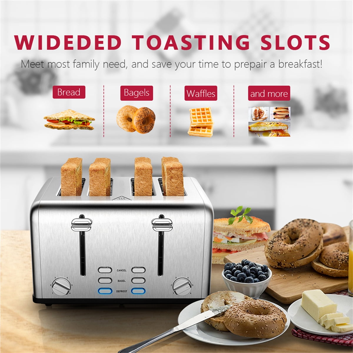 Kepomman Ultra Wide Slot Toaster, 4 Slice Stainless Steel Toaster with Cancel and Defrost Function, A