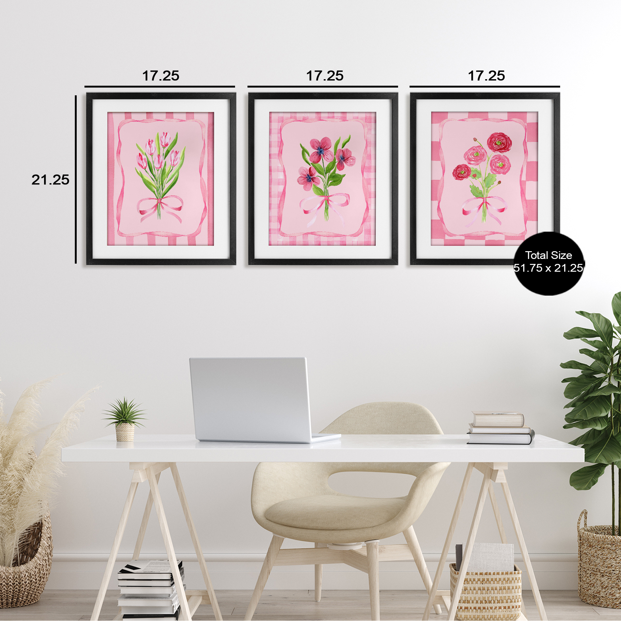 Pretty & Sweet Bordered Flowers 3 Piece Black Framed Print Under Glass Set, design by Nina Jacobs