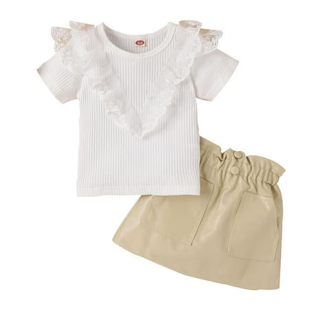 

AIMAOMI Toddler Girls Short Sleeve Ruffles Ribbed T Shirt Tops Solid Skirt Outfits H